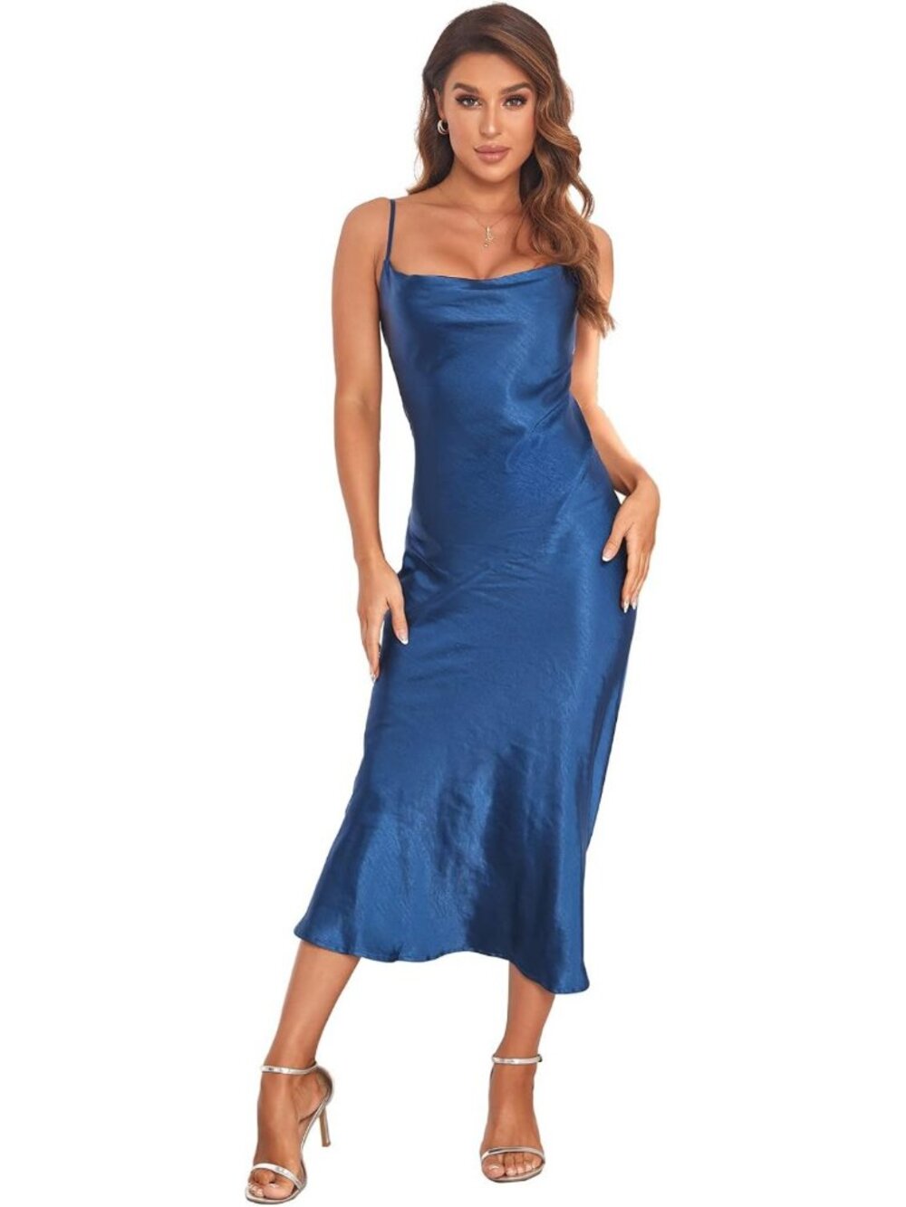Elegant Satin Silk Midi Dress - Women's Spaghetti Strap Cowl Neck Slip for Party